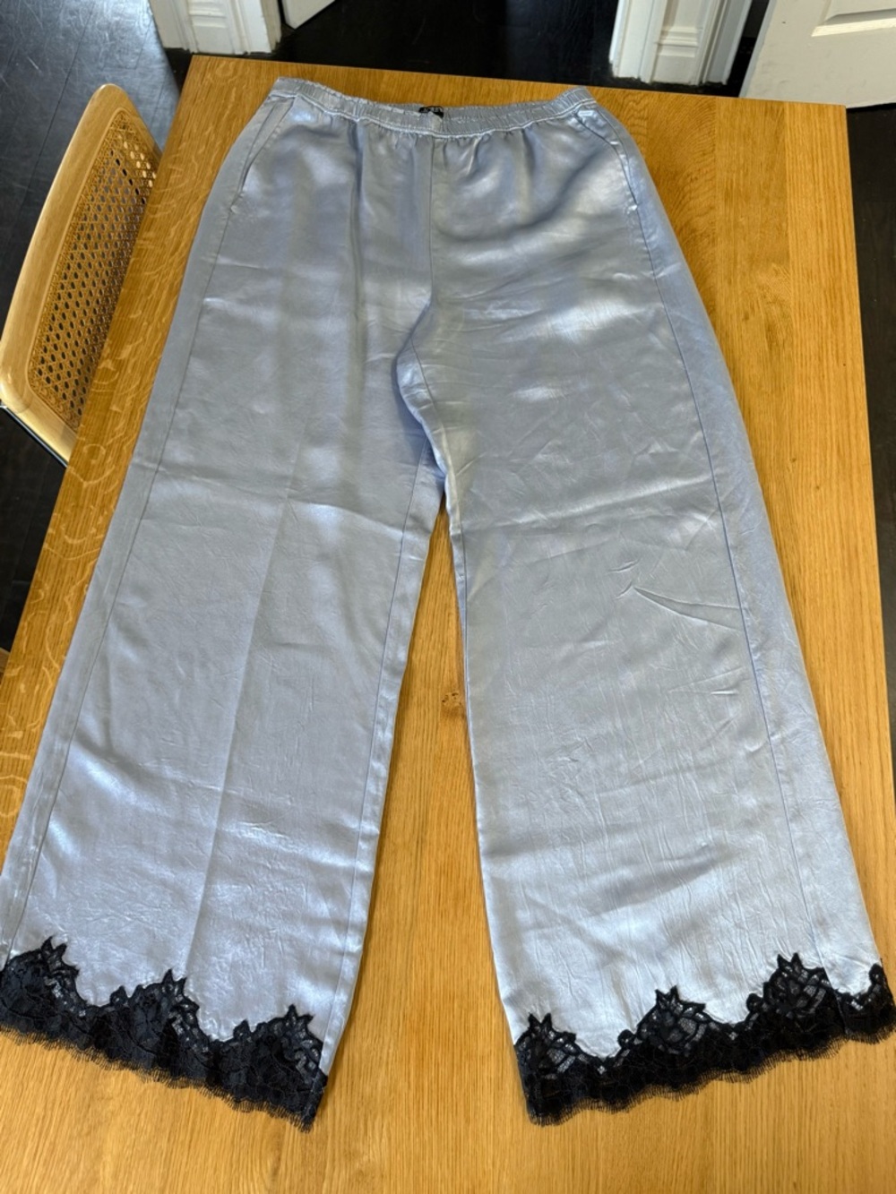 J. Crew Light Blue Satin Wide-Leg Pants with Black Lace Trim - Picture 2 of 8